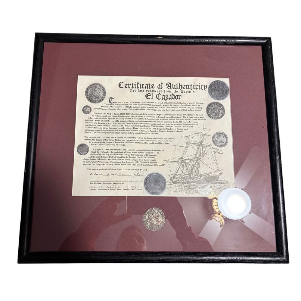 Plaque of El Cazador Shipwreck 1783 Spanish 8 Reales Silver COA